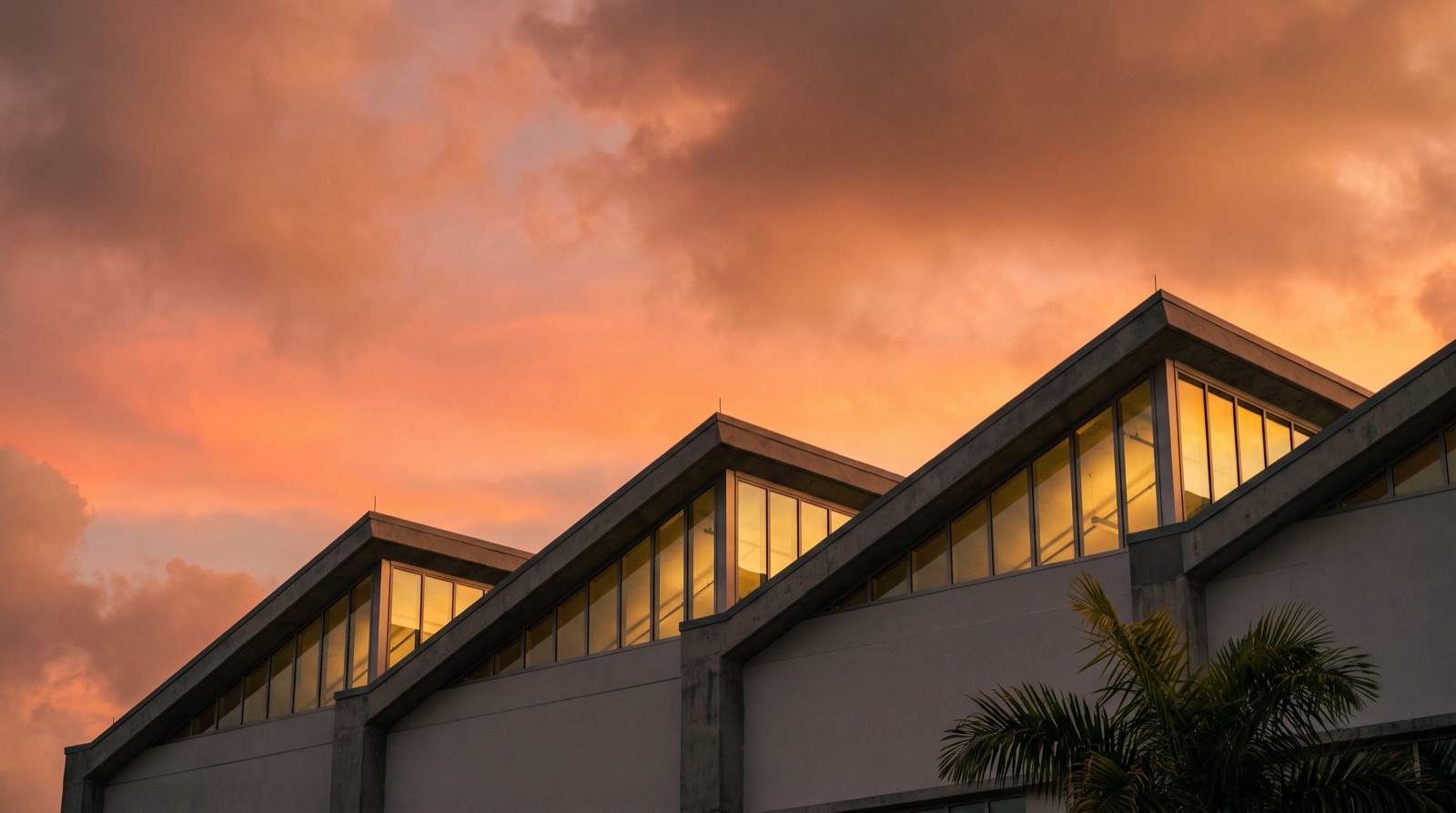 Sawtooth factory roofline against a Miami sunset sky