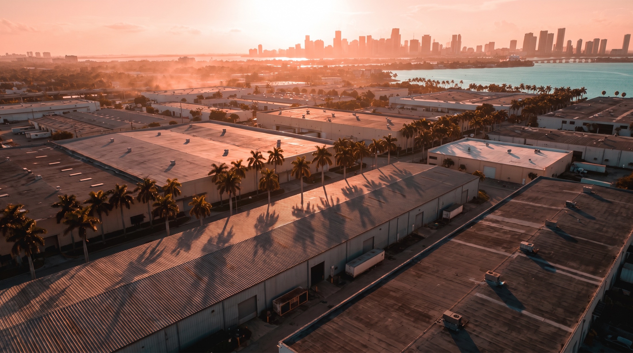 Golden-hour aerial of a Miami industrial district — warehouse rooftops, royal palms, the downtown skyline and Biscayne Bay