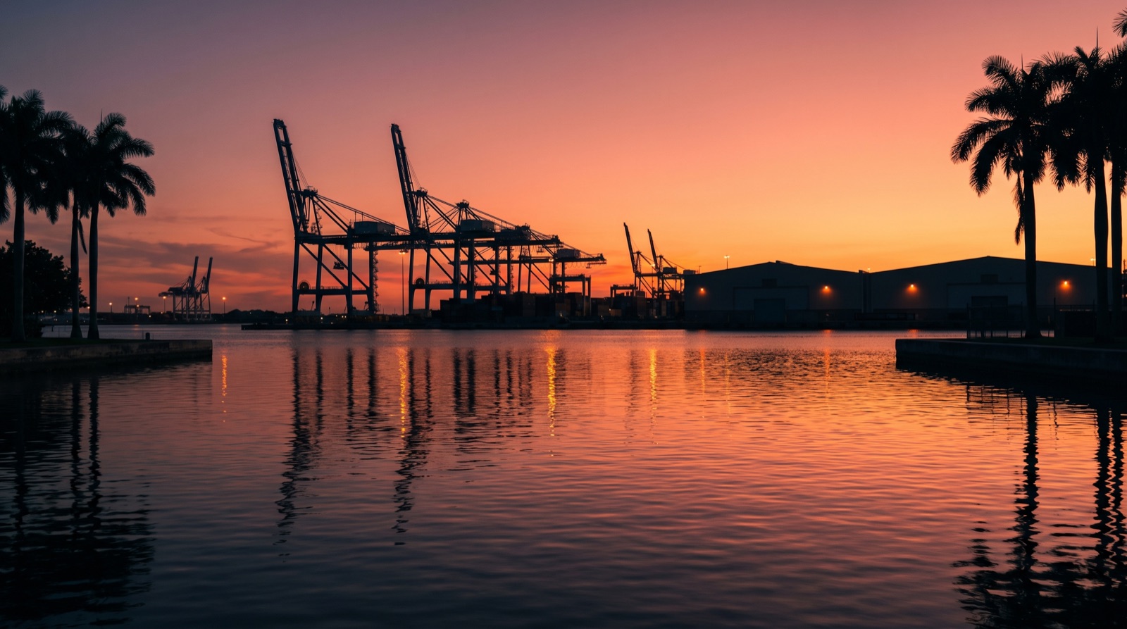 Miami industrial waterfront at dusk — cranes and palms against a sunset sky